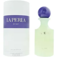 La Perla My Day Eau De Parfum 120ml with frosted green bottle and round purple cap, next to matching box.