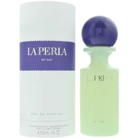 La Perla My Day Eau De Parfum 30ml, light green bottle with purple spherical cap, next to white cylindrical box.