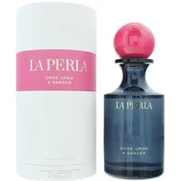 La Perla Once Upon A Garden Eau De Parfum 120ml, blue bottle with pink spherical cap, white cylindrical box.
