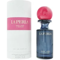 La Perla Once Upon A Garden Eau De Parfum 30ml, blue bottle with pink spherical cap, next to white and pink box.
