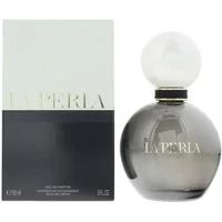 La Perla Signature Eau De Parfum 90ml, round smoky glass bottle with white spherical cap, beside elegant black box.
