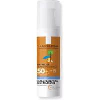 White bottle of La Roche-Posay Anthelios SPF50+ baby lotion, orange label with umbrella and palm tree graphic, 50ml.