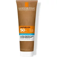 La Roche-Posay Anthelios SPF 50+ lotion, brown tube, orange label, 250ml, hydrating formula, white and blue text.