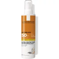 White La Roche-Posay Anthelios spray bottle with orange label, SPF 50+ text, and 200ml size.