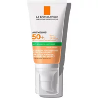 La Roche-Posay Anthelios SPF 50 tinted gel cream, white tube, orange accents, 50ml, with flip-top cap.