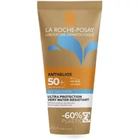La Roche-Posay Anthelios SPF50+ sunscreen, 200ml, brown and white tube with blue accents and water-resistant label.