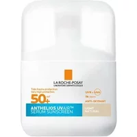 White La Roche-Posay Anthelios UV Air Serum Sunscreen bottle with orange and blue text, SPF 50+ label, 50ml size.