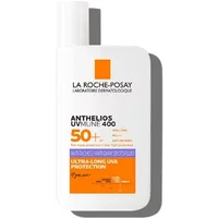 White La Roche-Posay sunscreen bottle with orange label, SPF 50+ text, and flip-top cap, 50ml size.