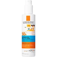 White spray bottle with orange cap, La Roche-Posay logo, blue label, SPF 50+, cartoon kids image.
