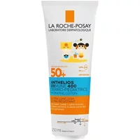 White La Roche-Posay kids sunscreen lotion tube, orange and blue label, 250ml, SPF 50+ with playful graphics.