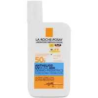White La Roche-Posay sunscreen bottle with orange cap, blue label, SPF 50+ for kids, 50ml.
