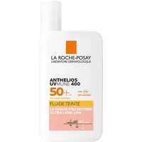 White rectangular bottle of La Roche-Posay Anthelios UVmune 400 Tinted Fluid SPF50+ with orange cap and label.