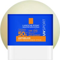 Blue and white La Roche-Posay UVSPORT SPF50+ stick, 10ml, with orange and white text.