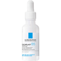 White dropper bottle of La Roche-Posay Cicaplast B5 Serum with blue label and black text.
