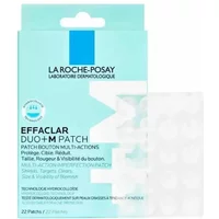 White and blue La Roche-Posay Effaclar Duo+M box with 22 clear circular skin patches.
