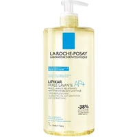 Clear bottle of La Roche-Posay Lipikar AP+ Cleansing Oil, 1000ml, with white pump and blue label accents.