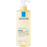 Clear bottle of La Roche-Posay Lipikar Cleansing Oil AP+ with pump dispenser, 400ml, yellow liquid inside.