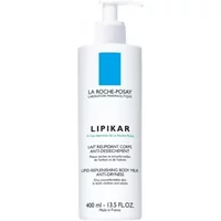 White bottle of La Roche-Posay Lipikar body milk with blue logo and pump dispenser, 400ml size.