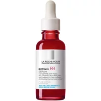Red glass bottle of La Roche-Posay Retinol 0.3% + Vitamin B3 Serum with white dropper cap and label.