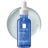 Blue glass bottle with dropper, labeled "La Roche-Posay Toleriane Ultra Dermallergo Soothing Serum 30ml" against a light background.
