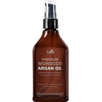 Brown bottle of La'Dor Premium Morocco Argan Oil, 100 ml, with black pump dispenser and white label text.