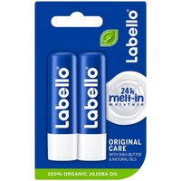 Labello Classic lip balm 2-pack, blue tubes with white caps, on a blue card with moisturizing features highlighted.