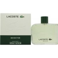 Lacoste Booster Eau De Toilette 125ml spray, clear bottle with green cap, beside white box with green Lacoste logo.