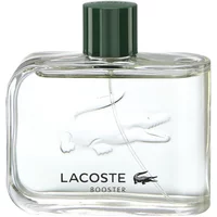 Clear glass bottle of Lacoste Booster Eau De Toilette with green cap and embossed crocodile logo.