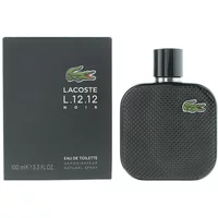 Black Lacoste Eau De Toilette bottle with textured surface and green crocodile logo, next to matching box.