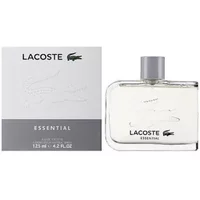 Clear glass bottle of Lacoste Essential Eau De Toilette 125ml with silver cap and matching box featuring crocodile logo.