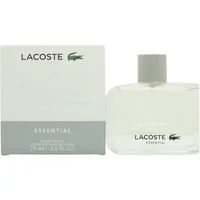 Clear glass bottle of Lacoste Essential Eau De Toilette 75ml with a silver cap, next to a white box with green logo.