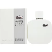 White square Lacoste L.12.12 Blanc Eau De Parfum bottle with crocodile logo, next to matching box.