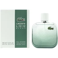 Lacoste L.12.12 Blanc Eau Intense 100ml, clear square bottle with white cap, green box with crocodile logo.