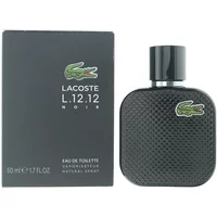 Black Lacoste L.12.12 Noir Eau De Toilette 50ml bottle with textured surface and green crocodile logo.