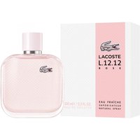 Pink Lacoste L.12.12 Pour Elle Eau Fraiche Rose 100ml bottle with matching box, featuring Lacoste logo.