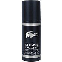 Dark blue Lacoste L'Homme deodorant spray, 150ml, with silver logo and text, featuring a crocodile emblem.