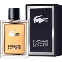 Lacoste L'Homme Eau De Toilette 100ml in clear rectangular bottle with black cap, featuring iconic crocodile logo.