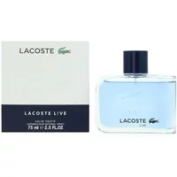 Lacoste Live Eau De Toilette 75ml, clear rectangular bottle with black cap, Lacoste logo and white box packaging.