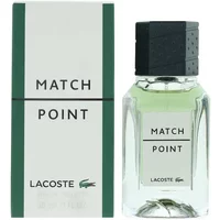 Lacoste Match Point Eau De Toilette 30ml in clear bottle with black cap, green tint, and matching box.