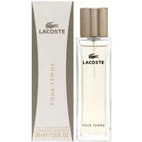 Clear glass bottle of Lacoste Pour Femme Eau De Parfum 50ml with beige cap and branded box.