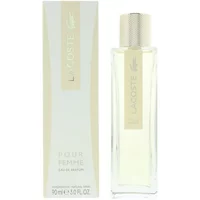 Lacoste Pour Femme Eau De Parfum 90ml, clear rectangular bottle with silver cap, matching box with logo.