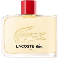 Clear glass Lacoste Red Eau de Toilette bottle with red cap and embossed crocodile logo.