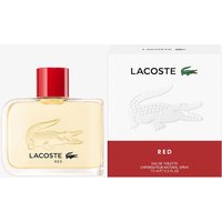 Clear glass bottle with red cap, Lacoste logo, and white box with red bottom, Lacoste Red Eau de Toilette 75ml.