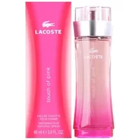 Lacoste Touch Of Pink Eau De Toilette 90ml, pink glass bottle with silver cap, next to matching pink box.
