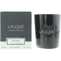 Lalique Vetiver Bali candle in sleek black glass holder with matching black box featuring white text and green label.