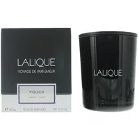Black Lalique Figuier Amalfi candle in sleek glass jar beside matching black box with white and silver accents.