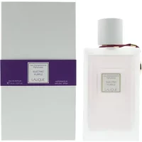 White Lalique Electric Purple Eau De Parfum bottle with purple label and white cap, next to matching box.