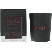 Black Lalique Les Vendanges candle with orange logo, next to matching black and orange box, 190g.
