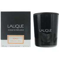 Black Lalique Neroli Casablanca candle with white logo, next to matching black and white box.