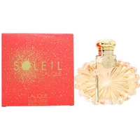 Lalique Soleil Eau De Parfum 100ml in sunburst glass bottle with gold cap, next to red box with gold accents.